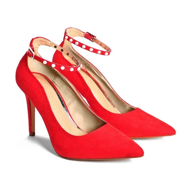 Nasty Gal Truffle Collection Red Pointed Toe Heels w/ Pearl Studded Ankle Straps - Picture 16 of 16
